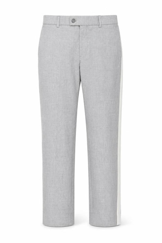 Front view of boohooMAN men’s grey trousers, size 28, in, 27-inch leg