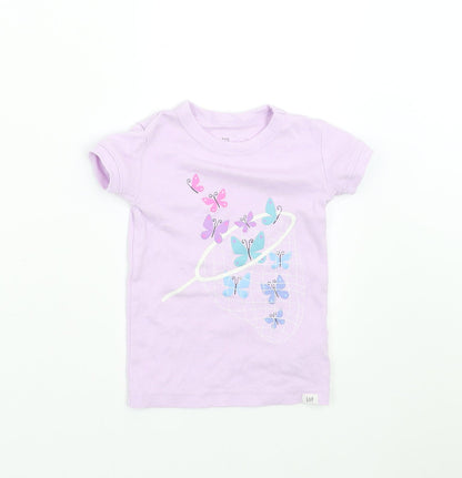 Additional front view of Gap girls’ purple basic t-shirt, size 2, years - butterflies