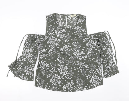 Additional front view of Papaya women’s green floral basic blouse, size UK 12, - cold shoulder