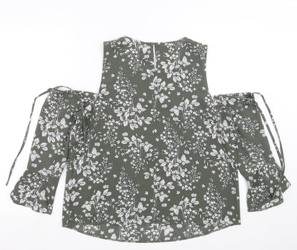 Back view of Papaya women’s green floral basic blouse, size UK 12, - cold shoulder