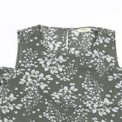 Close-up detail of Papaya women’s green floral basic blouse, size UK 12, - cold shoulder