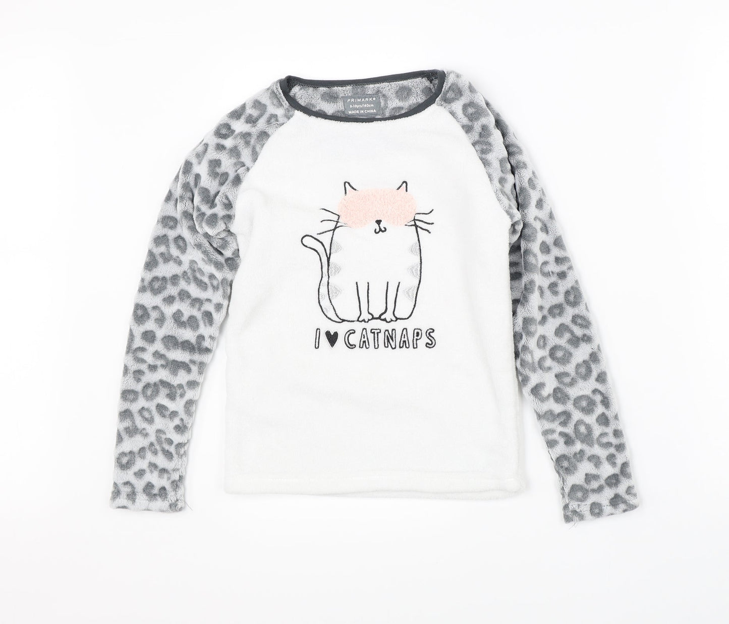 Primark Girls White Animal Print   Pyjama Top Size 9-10 Years  - cat