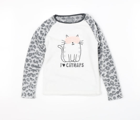 Primark Girls White Animal Print   Pyjama Top Size 9-10 Years  - cat
