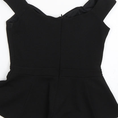 Brand and care label for Miss Selfridge women’s black basic blouse, size UK 6