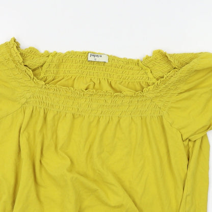 Close-up detail of Papaya women’s yellow basic blouse, size UK 12