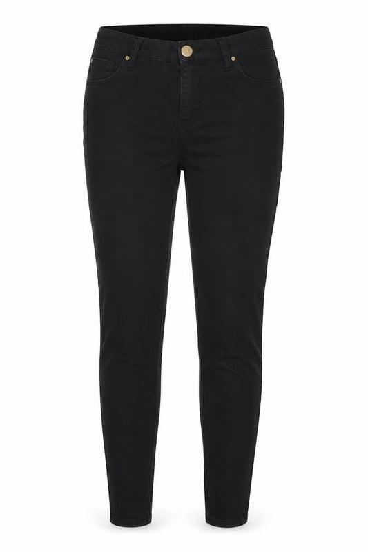 Front view of Denim & Co. women’s black denim skinny jeans, size UK 12, 31-inch leg