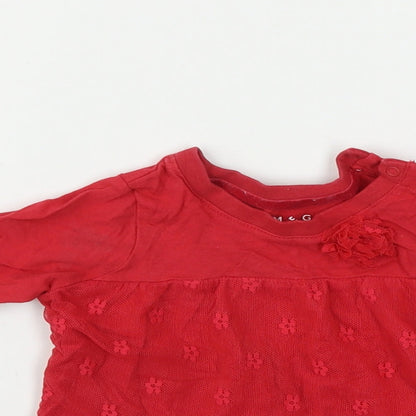 Close-up detail of Nutmeg girls’ red basic t-shirt, size 3-6, months