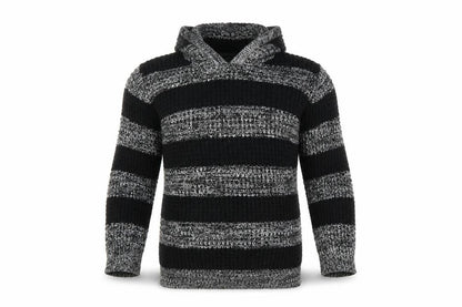 Front view of TU boys’ black striped knit pullover sweatshirt, size 7, years