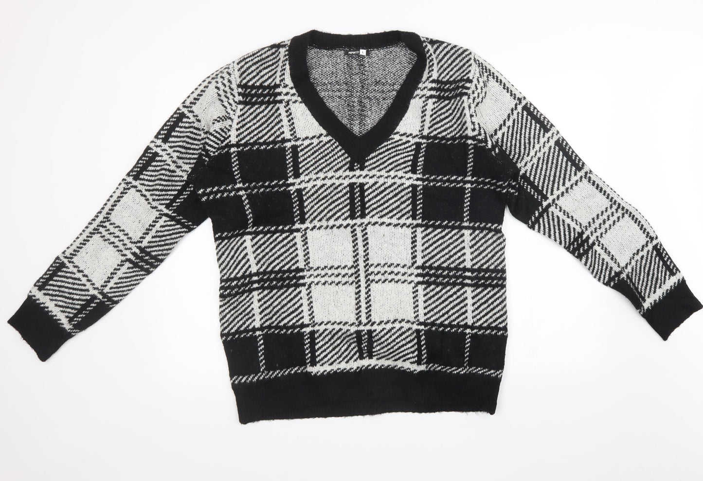 pep & co Womens Black Check Knit Pullover Sweatshirt Size L