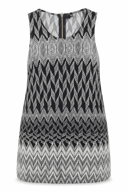 Front view of Izabel women’s black geometric basic tank, size UK 14