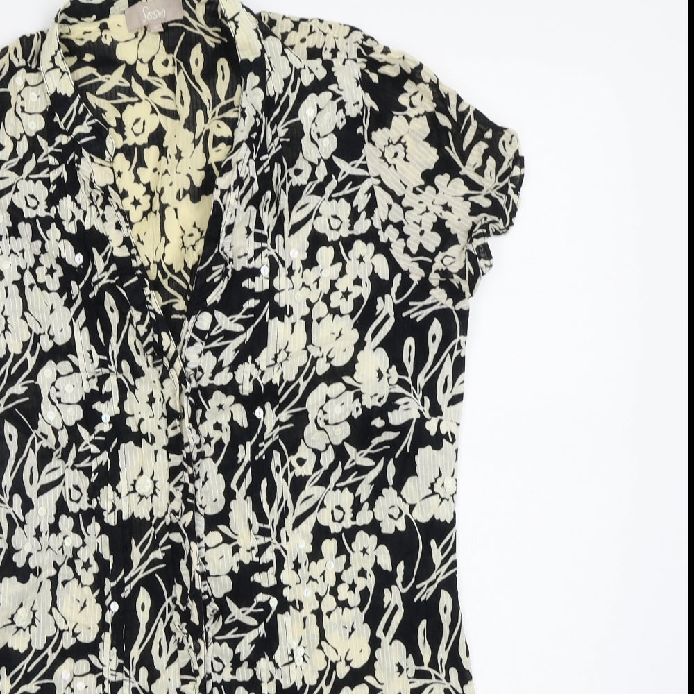 Soon Womens Black Floral  Basic Blouse Size 14