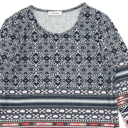 Close-up detail of Alexara women’s blue batik knit a-line, size UK 14