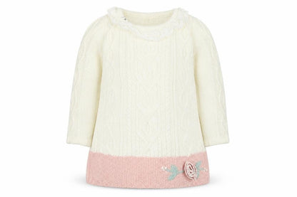 Front view of Catherine Malandrino girls’ white colourblock knit jumper dress, size 3-6, months