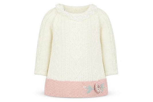 Front view of Catherine Malandrino girls’ white colourblock knit jumper dress, size 3-6, months