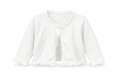 Front view of Bluezoo girls’ white cardigan jumper, size 3-6, months
