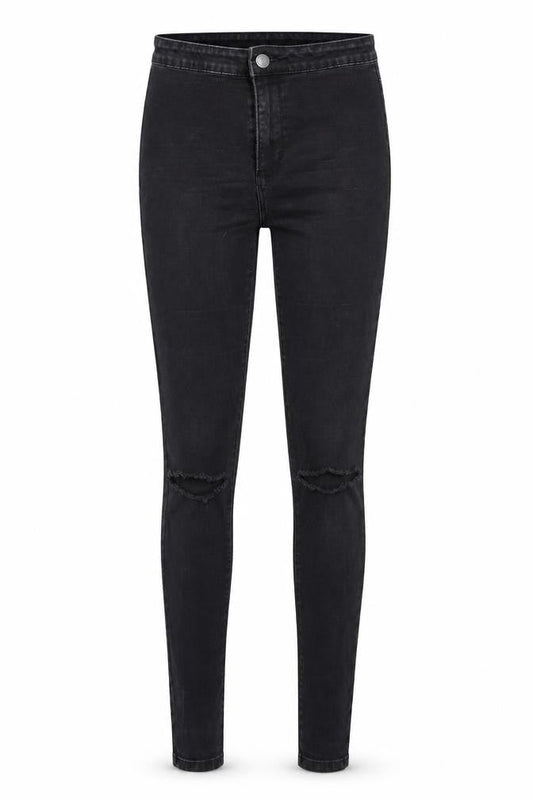 Front view of Denim & Co. women’s black denim skinny jeans, size UK 12, 29-inch leg