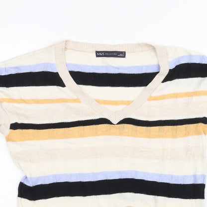 Marks & Spencer Womens White Striped  Basic T-Shirt Size S