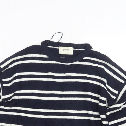 Close-up detail of Papaya women’s blue striped knit jumper, size M