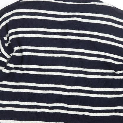 Brand and care label for Papaya women’s blue striped knit jumper, size M