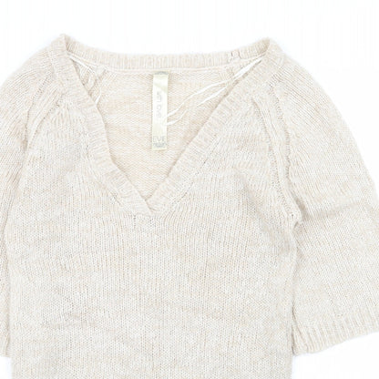 Close-up detail of evie women’s beige jumper, size UK 10