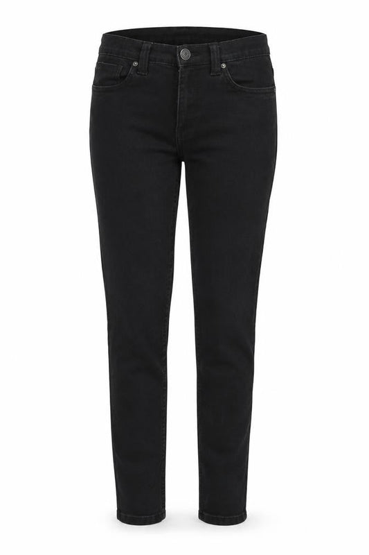 Front view of Denim & Co. women’s black denim skinny jeans, size UK 32, in, 32-inch leg
