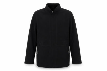 Front view of Gallery men’s black overcoat coat, size S