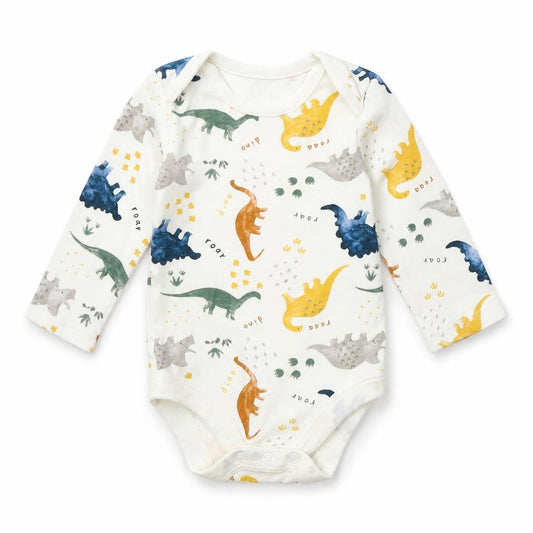 Front view of Tu boys’ white geometric babygrow one-piece, size 0-3, months - dinasours