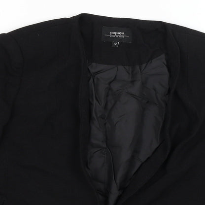 Close-up detail of Papaya women’s black jacket blazer, size UK 12