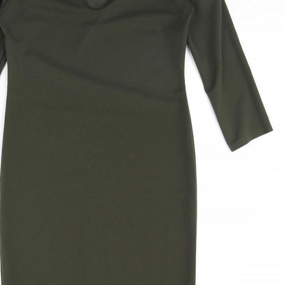Brand and care label for Miss Selfridge women’s green mini, size UK 14