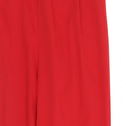 Close-up detail of ASOS women’s red trousers, size UK 6, 26-inch leg
