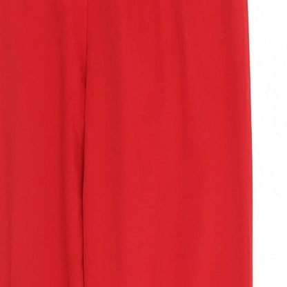 Brand and care label for ASOS women’s red trousers, size UK 6, 26-inch leg