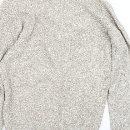 Brand and care label for Easy men’s beige knit pullover sweatshirt, size L