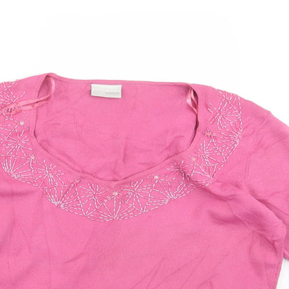 Close-up detail of AMARANTO women’s pink jumper, size UK 16