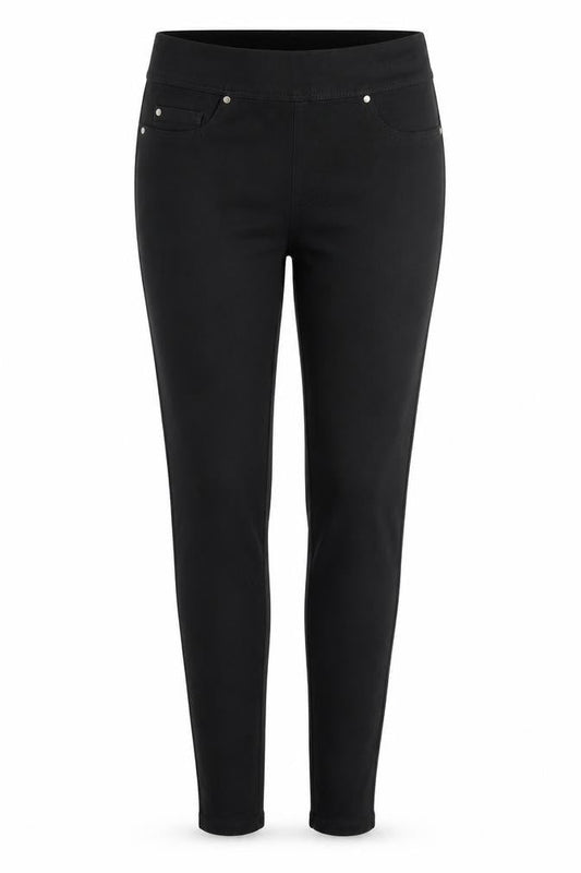 Front view of Denim & Co. women’s black denim jegging leggings, size UK 10, 29-inch leg
