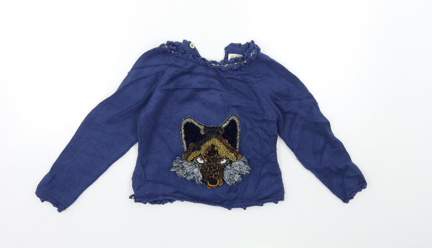 LOLITTOS Girls Blue  Knit Pullover Jumper Size 6 Years  - wolf