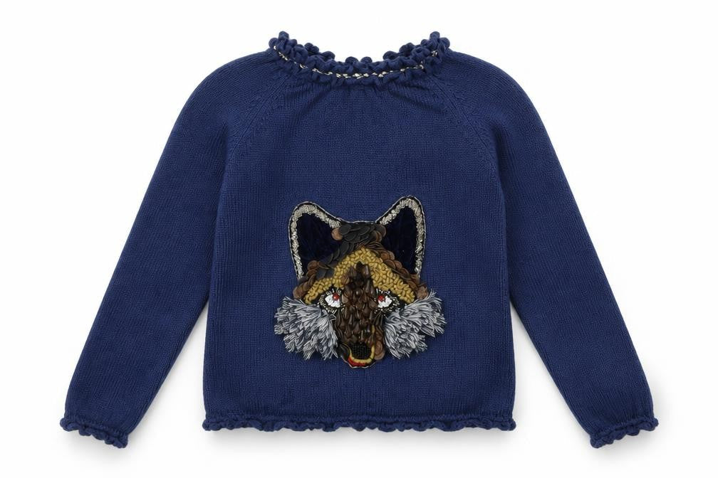 LOLITTOS Girls Blue  Knit Pullover Jumper Size 6 Years  - wolf