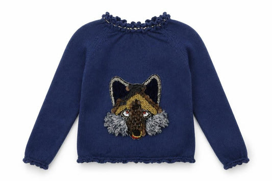LOLITTOS Girls Blue  Knit Pullover Jumper Size 6 Years  - wolf