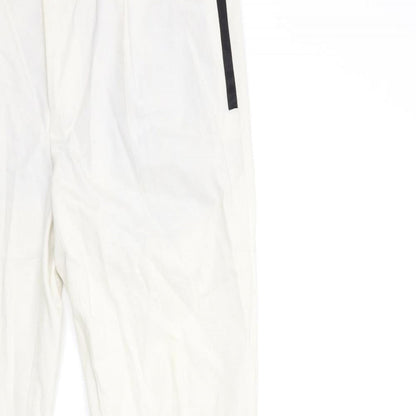 Close-up detail of ASOS women’s white trousers, size UK 32, in, 30-inch leg