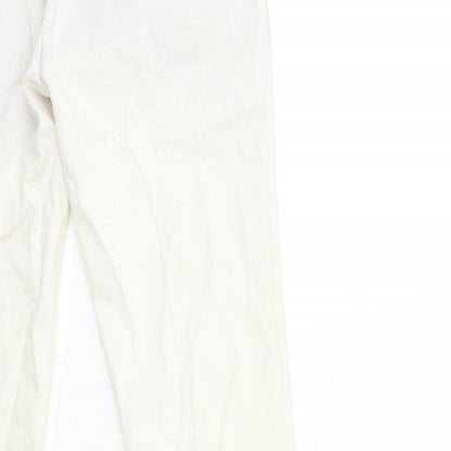 Brand and care label for ASOS women’s white trousers, size UK 32, in, 30-inch leg