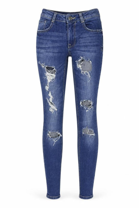 Front view of Denim & Co. women’s blue denim skinny jeans, size UK 4, 28-inch leg