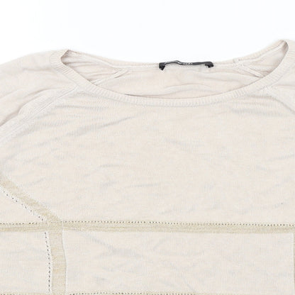 Close-up detail of Autograph women’s beige basic t-shirt, size UK 12