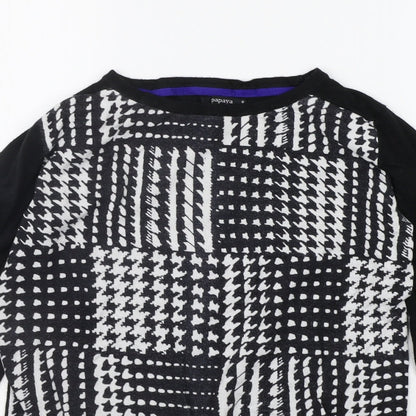 Close-up detail of Papaya women’s black geometric jumper, size UK 8
