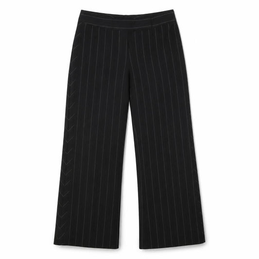Front view of Atmosphere women’s black striped dress pants trousers, size UK 12, 28-inch leg