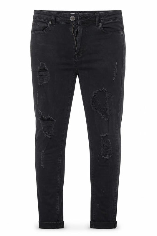 Front view of Denim & Supply men’s black skinny jeans, size S, 26-inch leg