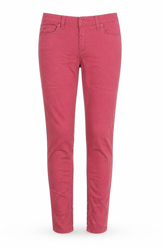 Front view of Denim & Co. women’s red denim skinny jeans, size UK 8, 31-inch leg