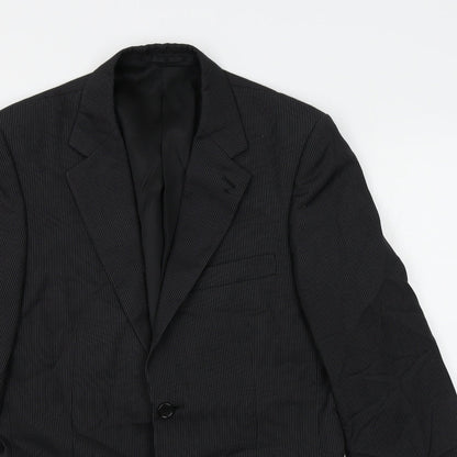 Close-up detail of savoy taylors guild men’s black striped jacket blazer, size 36