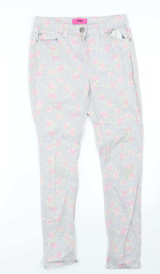 George Womens Grey Floral Denim Straight Jeans Size 10 L26.5 in
