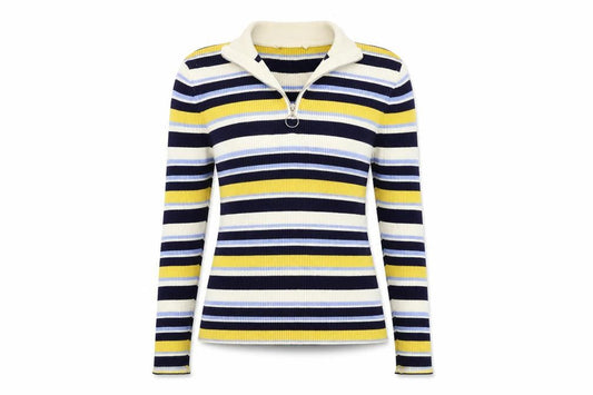 Front view of Miss Selfridge women’s yellow striped knit jumper, size UK 10