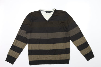 Preloved F&F Mens Brown Striped Knit Pullover Jumper Size L - Front