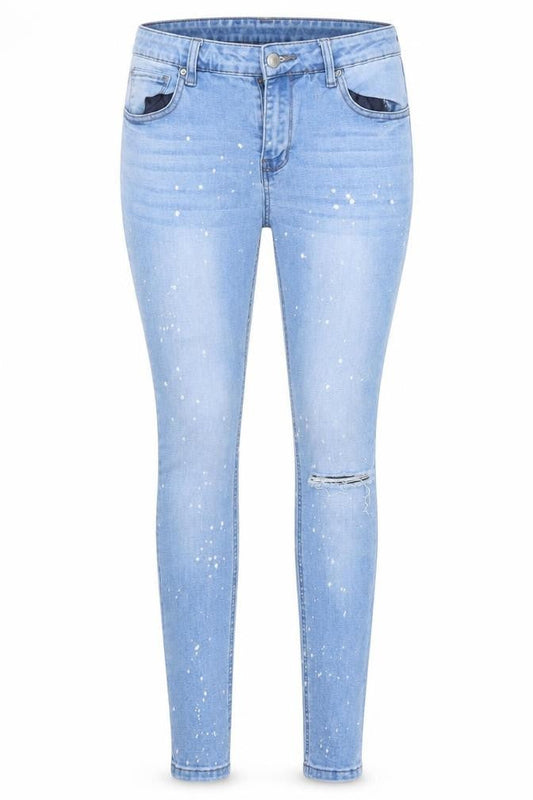 Front view of Denim Co. women’s blue polka dot denim skinny jeans, size UK 12, 28-inch leg